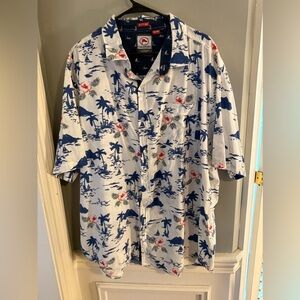 Checkpoint Red and Blue Casual Button Down Shirt with Tropical Print